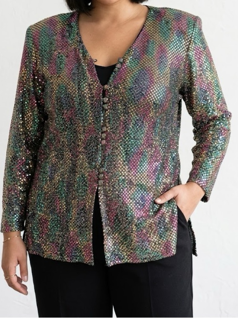 Vintage 90s Dressy Betsy Rainbow Sparkle Sequin Long Sleeve Blouse XL